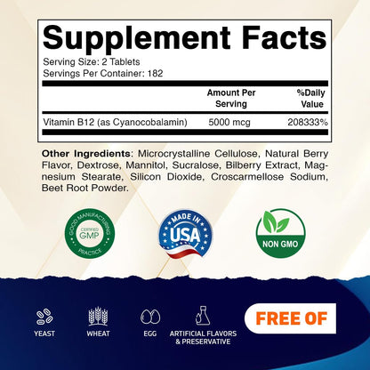 Vitamatic Vitamin B12 5000 mcg – 365 Fast Dissolve Tablets Berry Flavor – Supports Energy Production & Nervous System Health - PrimeBioHealth - canada supplements