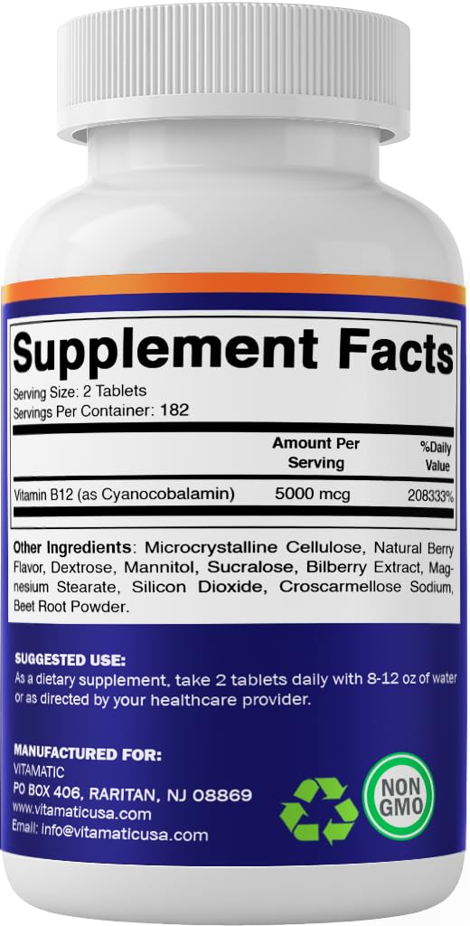 Vitamatic Vitamin B12 5000 mcg – 365 Fast Dissolve Tablets Berry Flavor – Supports Energy Production & Nervous System Health - PrimeBioHealth - canada supplements