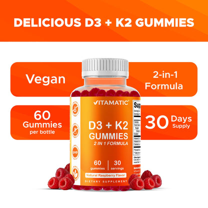 Vitamatic Vitamin D3 & K2 Gummies (2-Pack, 60 Count) Supports Healthy Bones, Heart Health, Calcium Absorption, - PrimeBioHealth - canada supplements