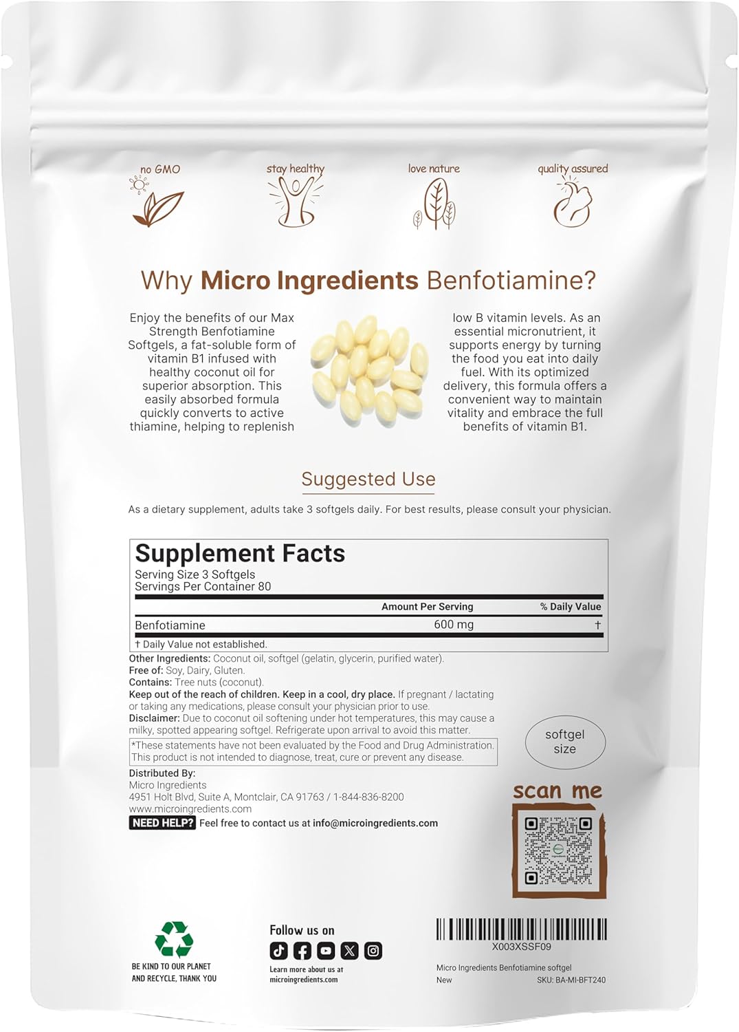 Vitamin B1 Benfotiamine 600mg Per Serving, 240 Coconut Oil Softgels | Bioavailable B Vitamins Supplement, Converted to Active Thiamine | Non-GMO, Soy Free - PrimeBioHealth - canada supplements