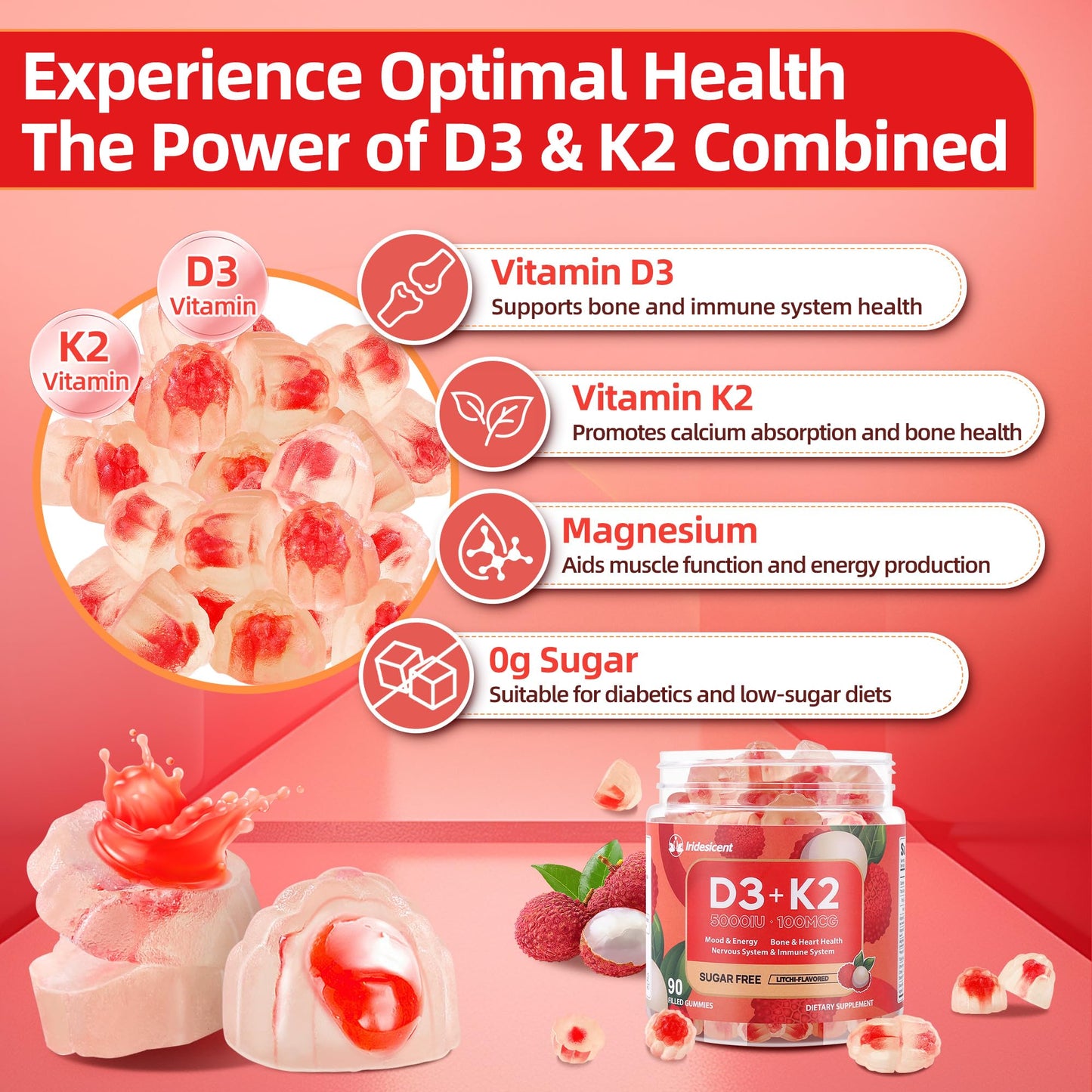 Vitamin D3 K2 Gummies w/Magnesium Sugar Free - 90 Count | D3 Vitamin 5,000 IU + K2(MK-7) 100 mcg - Vegan K2 D3 Vitamin Supplement, Highly Absorbent Supports Bone - PrimeBioHealth - canada supplements