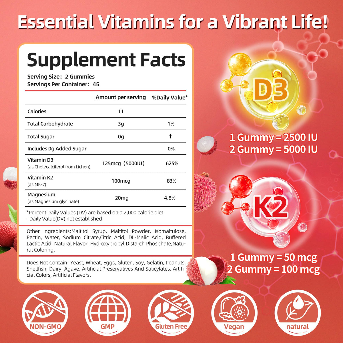Vitamin D3 K2 Gummies w/Magnesium Sugar Free - 90 Count | D3 Vitamin 5,000 IU + K2(MK-7) 100 mcg - Vegan K2 D3 Vitamin Supplement, Highly Absorbent Supports Bone - PrimeBioHealth - canada supplements