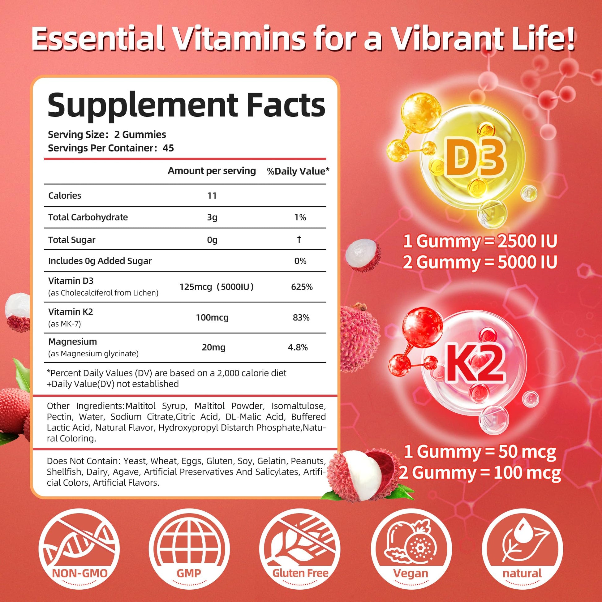 Vitamin D3 K2 Gummies w/Magnesium Sugar Free - 90 Count | D3 Vitamin 5,000 IU + K2(MK-7) 100 mcg - Vegan K2 D3 Vitamin Supplement, Highly Absorbent Supports Bone - PrimeBioHealth - canada supplements