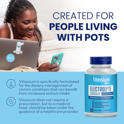 Vitassium Electrolyte Capsules, Electrolytes for The Management of POTS and High Sodium Diets (500mg Sodium - 100mg Potassium) - PrimeBioHealth - canada supplements