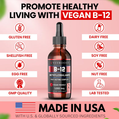 VITBOOST Vegan Liquid B-12 Drops – 60 x 5000 mcg Extra Strength Raspberry Flavored Vitamin B12 Liquid Methylcobalamin sublingual Supplement | Designed to Maximize Absorption - PrimeBioHealth - canada supplements