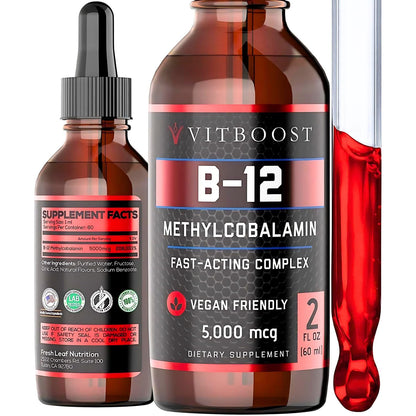 VITBOOST Vegan Liquid B-12 Drops – 60 x 5000 mcg Extra Strength Raspberry Flavored Vitamin B12 Liquid Methylcobalamin sublingual Supplement | Designed to Maximize Absorption - PrimeBioHealth - canada supplements