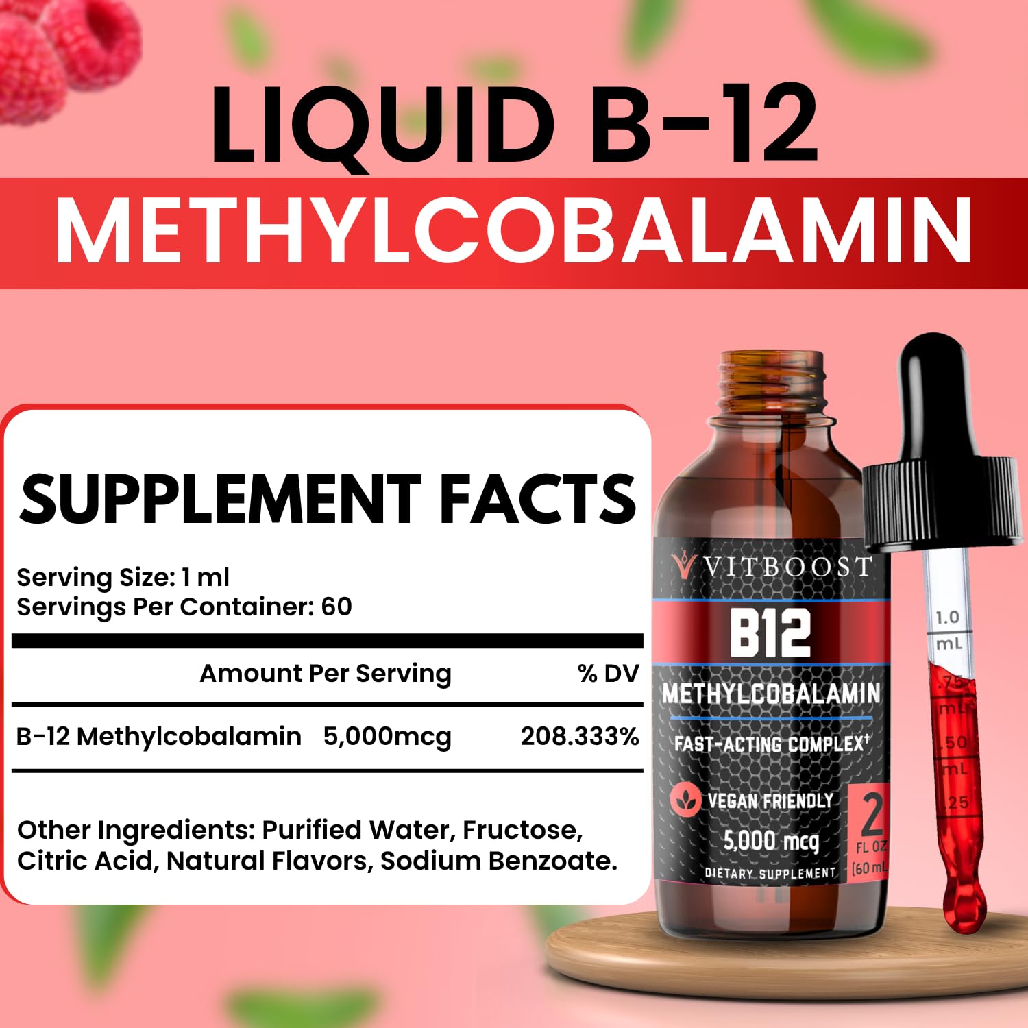 VITBOOST Vegan Liquid B-12 Drops – 60 x 5000 mcg Extra Strength Raspberry Flavored Vitamin B12 Liquid Methylcobalamin sublingual Supplement | Designed to Maximize Absorption - PrimeBioHealth - canada supplements