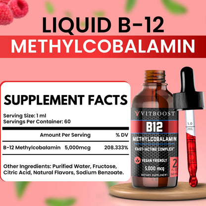 VITBOOST Vegan Liquid B-12 Drops – 60 x 5000 mcg Extra Strength Raspberry Flavored Vitamin B12 Liquid Methylcobalamin sublingual Supplement | Designed to Maximize Absorption - PrimeBioHealth - canada supplements