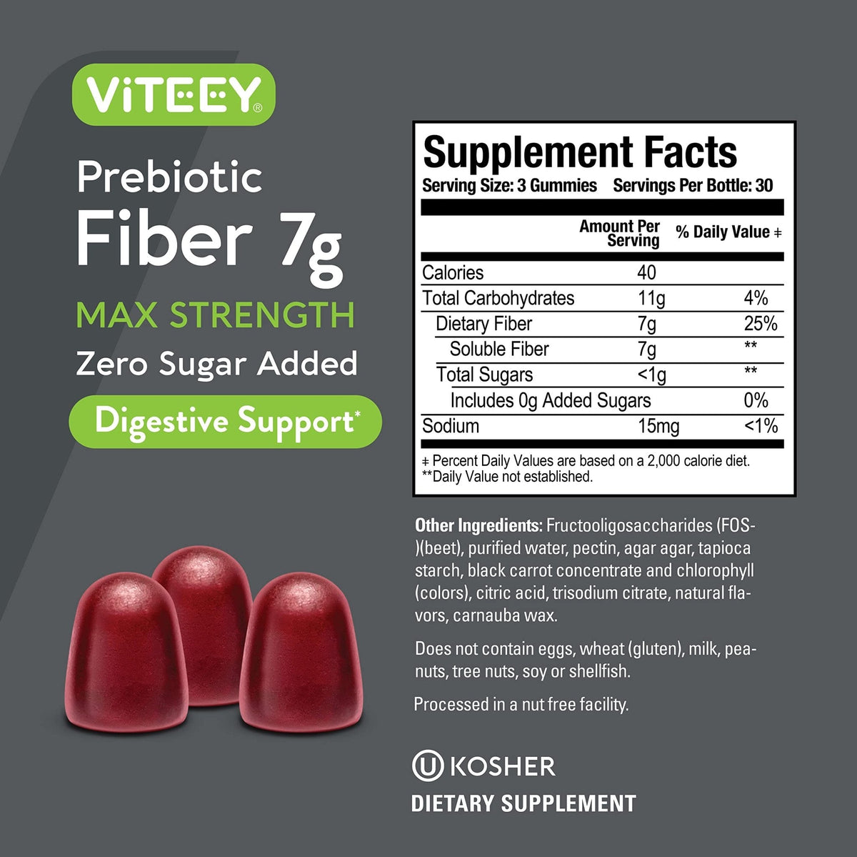 VITEEY Prebiotic Fiber Gummies for Adults, 7g - Gut Health & Digestive Soluble Fiber Supplement Gummies - Zero Sugar Added, Vegan, Gluten-Free - 180 Count - PrimeBioHealth - canada supplements