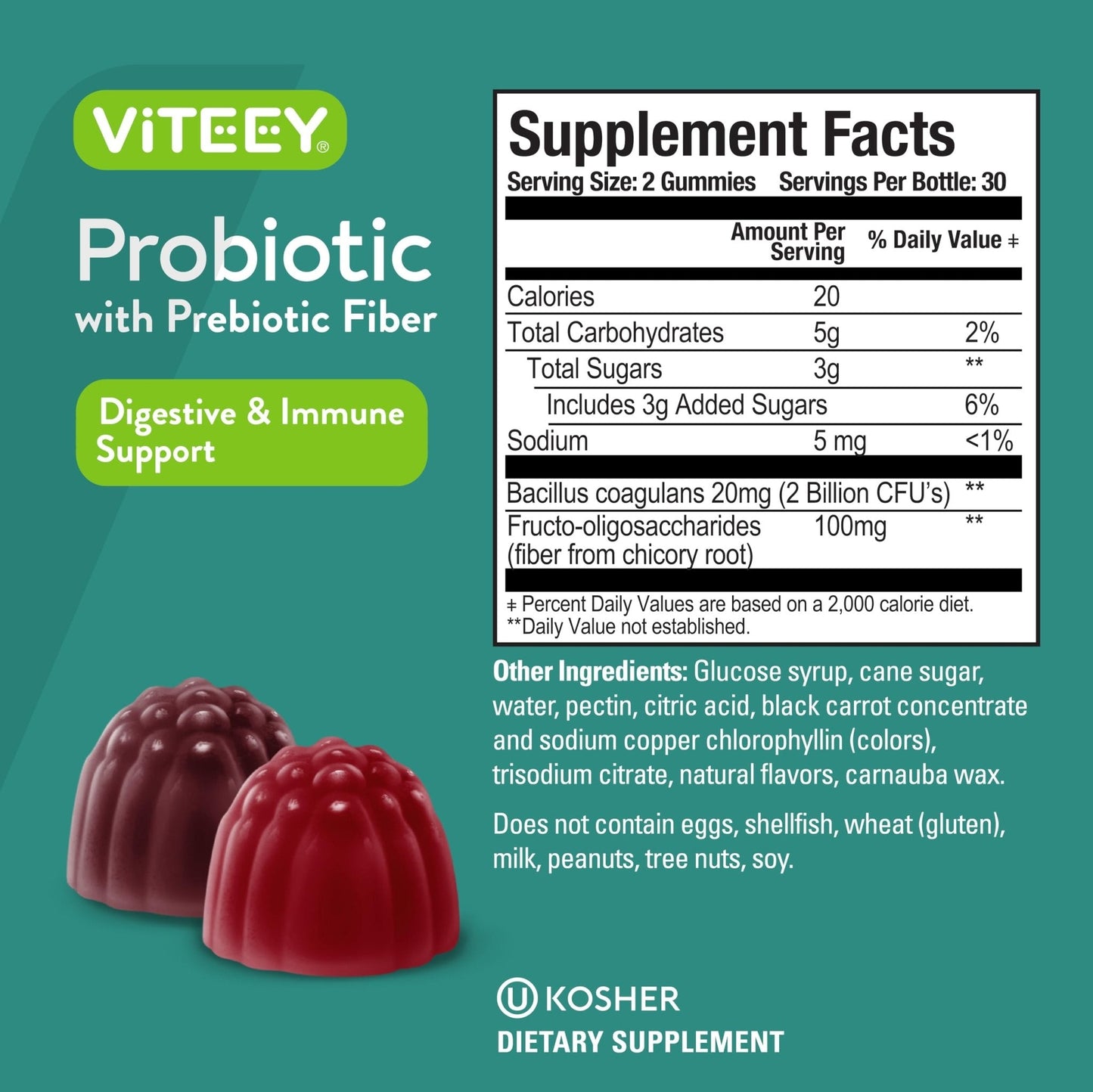 Viteey Probiotic Gummies with Prebiotics – Gut Health Supplements for Digestive Health – 2 Billion CFUs – Vegan, Gluten-Free – 60 Count - PrimeBioHealth - canada supplements