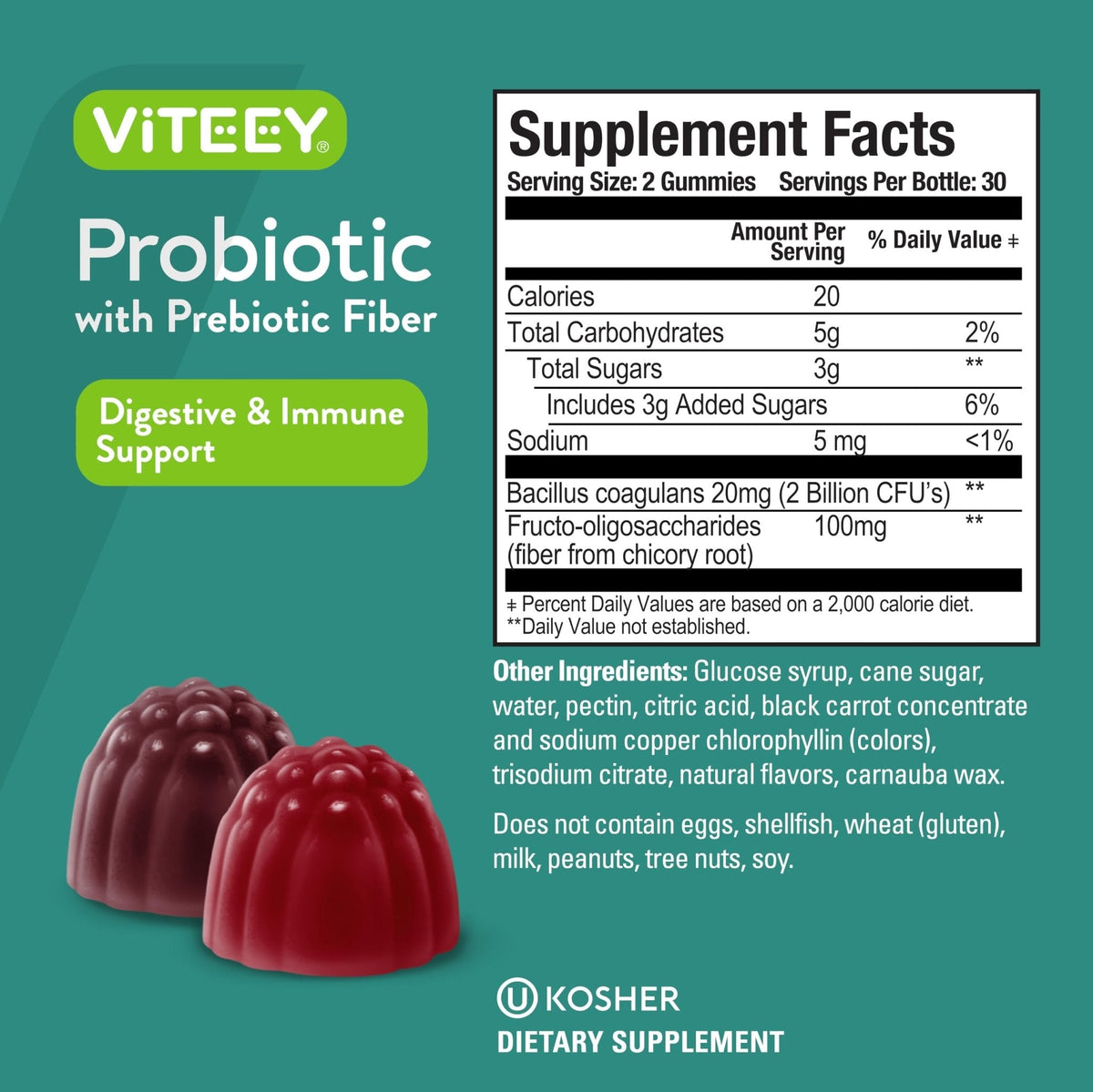Viteey Probiotic Gummies with Prebiotics – Gut Health Supplements for Digestive Health – 2 Billion CFUs – Vegan, Gluten-Free – 60 Count - PrimeBioHealth - canada supplements