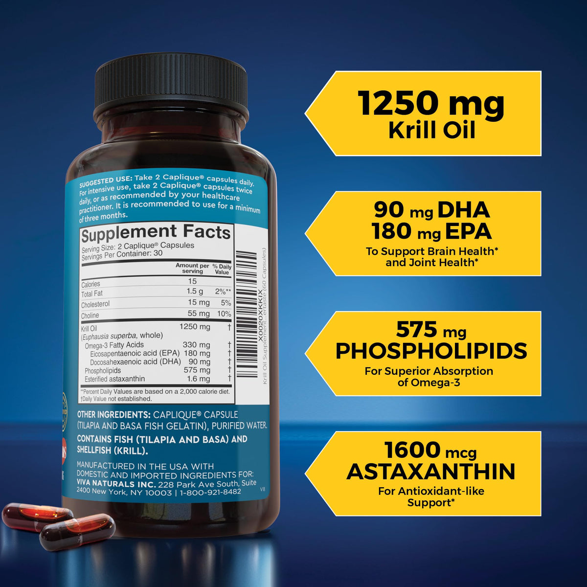 Viva Naturals Antarctic Krill Oil Omega 3 Supplements 1250 mg - DHA EPA Omega-3 & Astaxanthin Concentration for Joint Health, - PrimeBioHealth - canada supplements