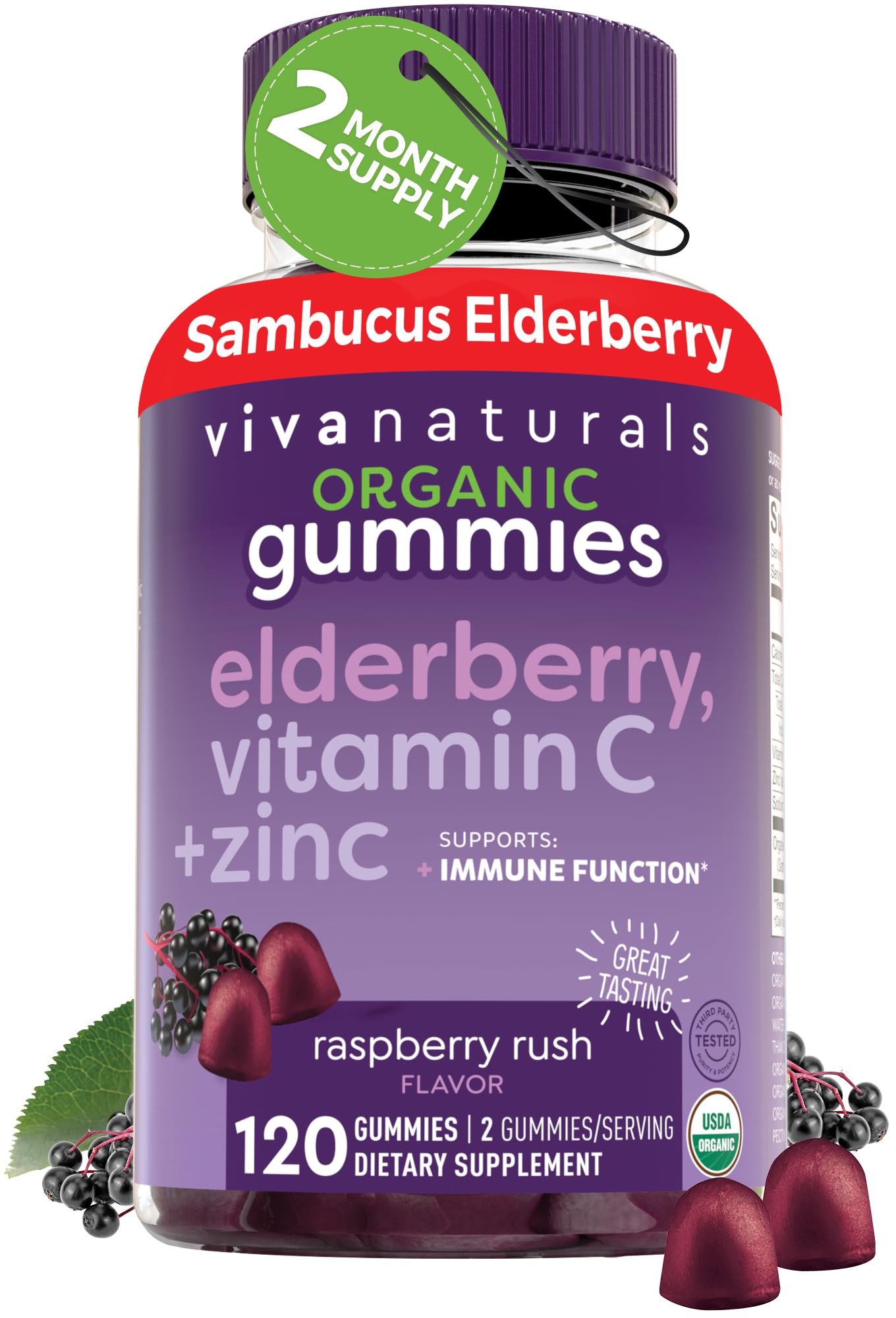 Viva Naturals Sambucus Elderberry Gummies for Adults - 150mg Black Elderberry Vitamin C and Zinc, 3-in-1 Daily Immune Support Gummies, Raspberry Rush Flavor - PrimeBioHealth - canada supplements