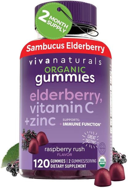 Viva Naturals Sambucus Elderberry Gummies for Adults - 150mg Black Elderberry Vitamin C and Zinc, 3-in-1 Daily Immune Support Gummies, Raspberry Rush Flavor - PrimeBioHealth - canada supplements