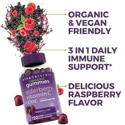 Viva Naturals Sambucus Elderberry Gummies for Adults - 150mg Black Elderberry Vitamin C and Zinc, 3-in-1 Daily Immune Support Gummies, Raspberry Rush Flavor - PrimeBioHealth - canada supplements