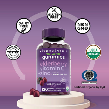 Viva Naturals Sambucus Elderberry Gummies for Adults - 150mg Black Elderberry Vitamin C and Zinc, 3-in-1 Daily Immune Support Gummies, Raspberry Rush Flavor - PrimeBioHealth - canada supplements