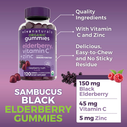 Viva Naturals Sambucus Elderberry Gummies for Adults - 150mg Black Elderberry Vitamin C and Zinc, 3-in-1 Daily Immune Support Gummies, Raspberry Rush Flavor - PrimeBioHealth - canada supplements