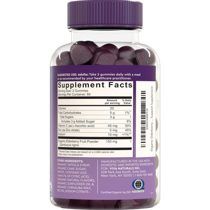 Viva Naturals Sambucus Elderberry Gummies for Adults - 150mg Black Elderberry Vitamin C and Zinc, 3-in-1 Daily Immune Support Gummies, Raspberry Rush Flavor - PrimeBioHealth - canada supplements