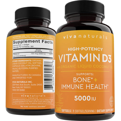 Viva Naturals Vitamin D3 5000 IU Softgels, 360 Count (125 mcg), Supports Bone & Immune Health, High Potency Vitamin D - PrimeBioHealth - canada supplements