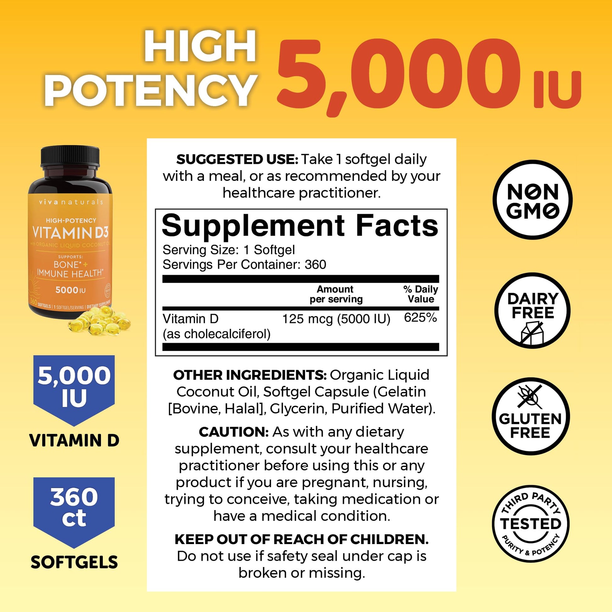 Viva Naturals Vitamin D3 5000 IU Softgels, 360 Count (125 mcg), Supports Bone & Immune Health, High Potency Vitamin D - PrimeBioHealth - canada supplements