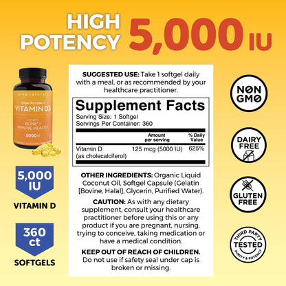 Viva Naturals Vitamin D3 5000 IU Softgels, 360 Count (125 mcg), Supports Bone & Immune Health, High Potency Vitamin D - PrimeBioHealth - canada supplements