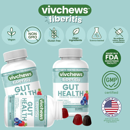 vivchews Gut Health Gummies – Prebiotic Fiber for Bloating Relief, No Sugar Added, Non-GMO, Fruit Pectin Based, Gluten-Free, No Artificial Colors, - PrimeBioHealth - canada supplements
