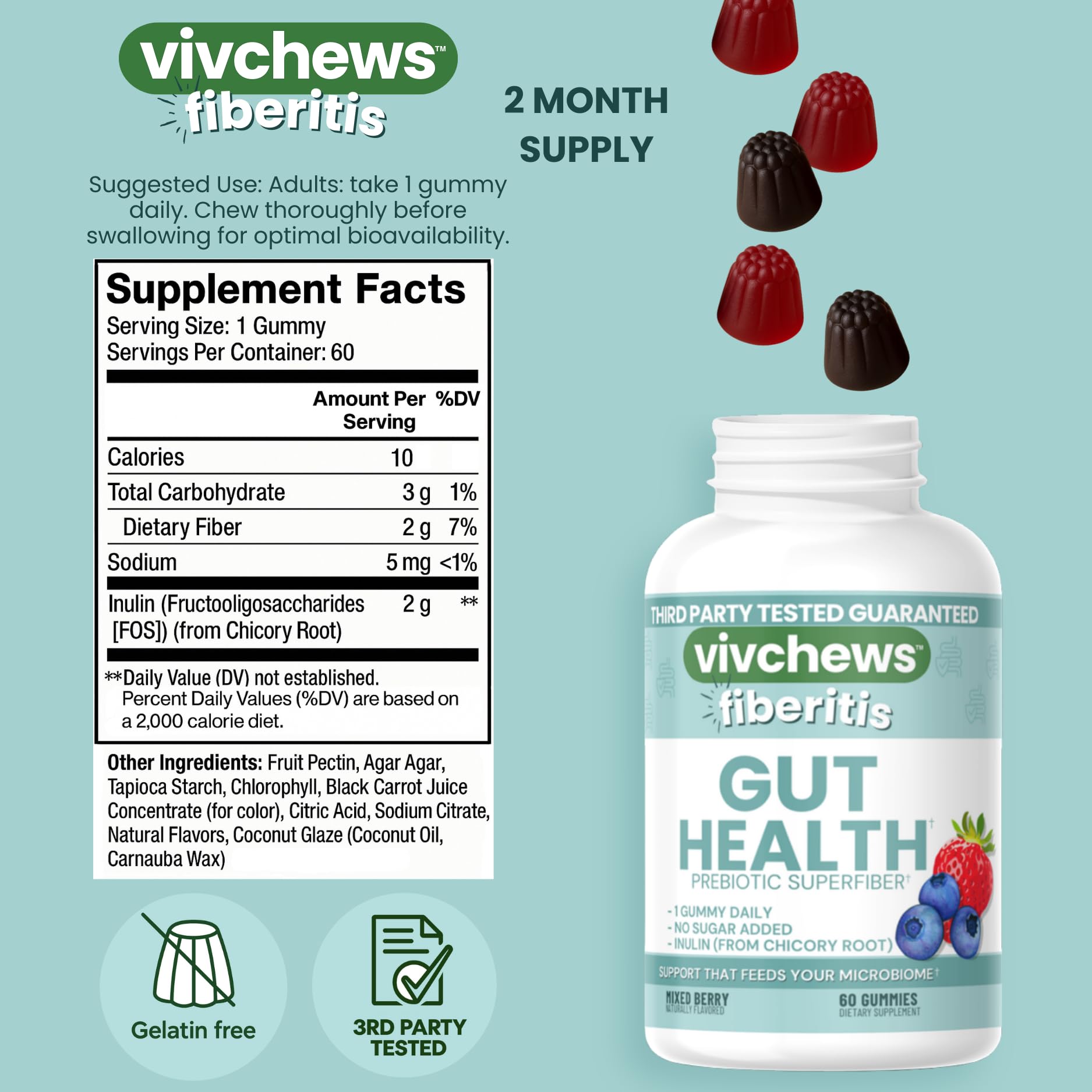 vivchews Gut Health Gummies – Prebiotic Fiber for Bloating Relief, No Sugar Added, Non-GMO, Fruit Pectin Based, Gluten-Free, No Artificial Colors, - PrimeBioHealth - canada supplements