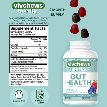 vivchews Gut Health Gummies – Prebiotic Fiber for Bloating Relief, No Sugar Added, Non-GMO, Fruit Pectin Based, Gluten-Free, No Artificial Colors, - PrimeBioHealth - canada supplements