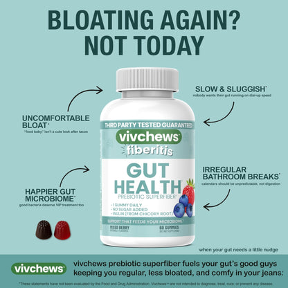 vivchews Gut Health Gummies – Prebiotic Fiber for Bloating Relief, No Sugar Added, Non-GMO, Fruit Pectin Based, Gluten-Free, No Artificial Colors, - PrimeBioHealth - canada supplements