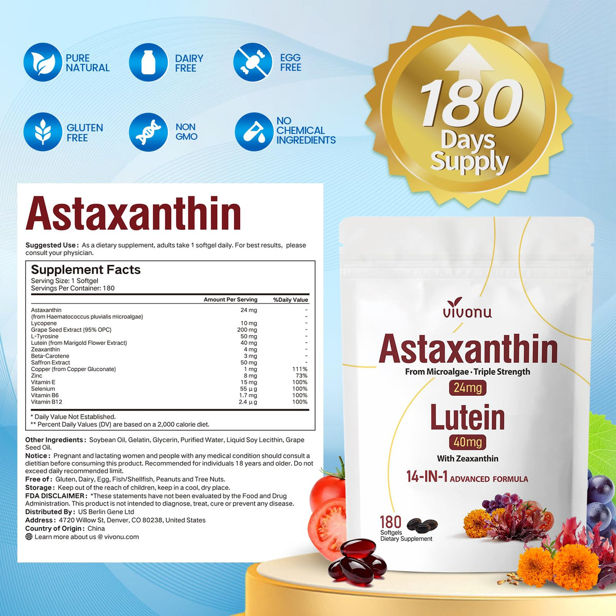 VivoNu 14-in-1 Astaxanthin 24mg & Lutein 40mg with Zeaxanthin Supplements, 6 Month Supply, Fresh Microalgae Source, Gluten Free Non-GMO, Supports Eye - PrimeBioHealth - canada supplements