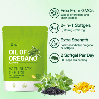 VivoNu Oil of Oregano with Black Seed Oil, Balanced Oil of Oregano Capsules, 300 Count Organic OreganoOil Softgels - PrimeBioHealth - canada supplements
