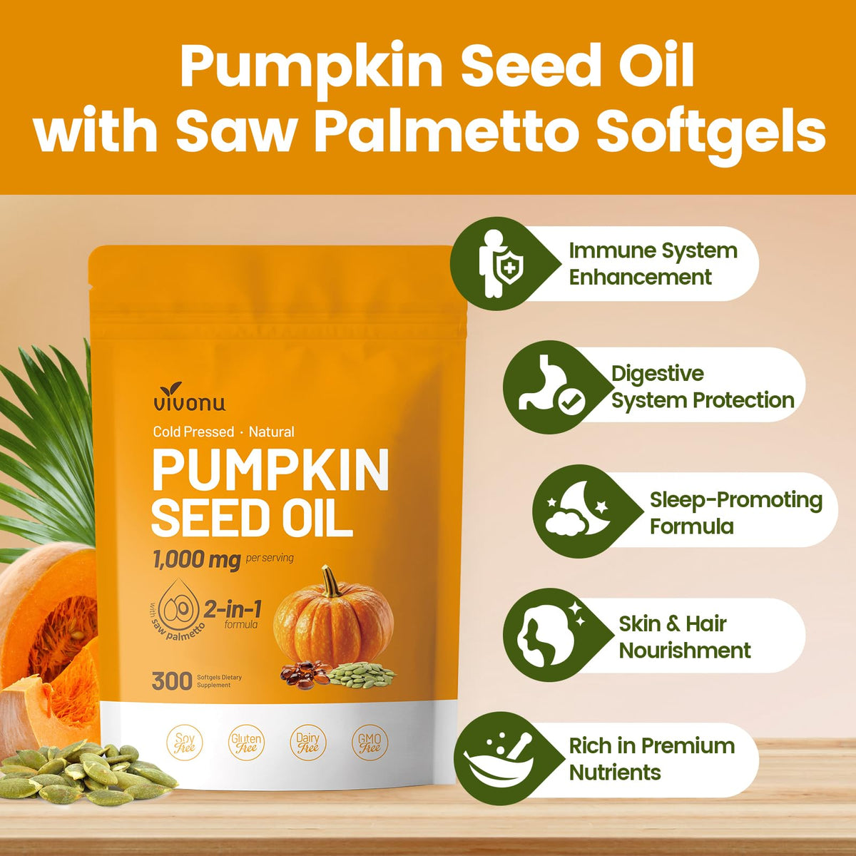 VivoNu Pumpkin Seed Oil with Saw Palmetto Capsules | Cold Pressed, Pure Virgin Oil, Essential Fatty Acids & Phytosterols | 300 SoftgelsSupports Hair, Urinary - PrimeBioHealth - canada supplements