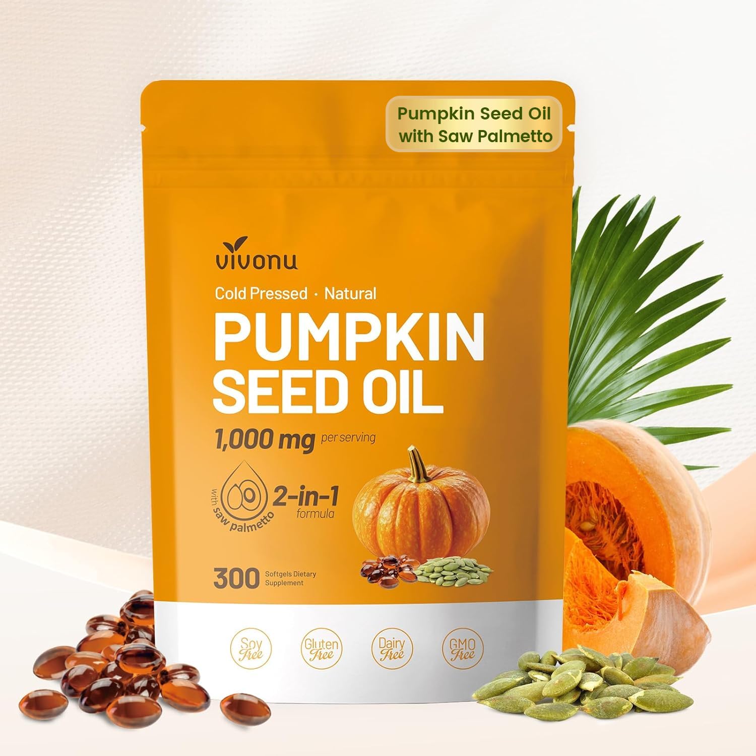 VivoNu Pumpkin Seed Oil with Saw Palmetto Capsules | Cold Pressed, Pure Virgin Oil, Essential Fatty Acids & Phytosterols | 300 SoftgelsSupports Hair, Urinary - PrimeBioHealth - canada supplements