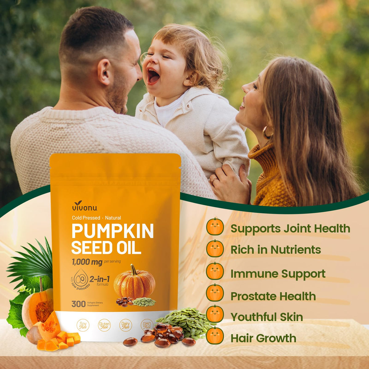 VivoNu Pumpkin Seed Oil with Saw Palmetto Capsules | Cold Pressed, Pure Virgin Oil, Essential Fatty Acids & Phytosterols | 300 SoftgelsSupports Hair, Urinary - PrimeBioHealth - canada supplements