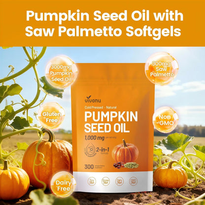 VivoNu Pumpkin Seed Oil with Saw Palmetto Capsules | Cold Pressed, Pure Virgin Oil, Essential Fatty Acids & Phytosterols | 300 SoftgelsSupports Hair, Urinary - PrimeBioHealth - canada supplements