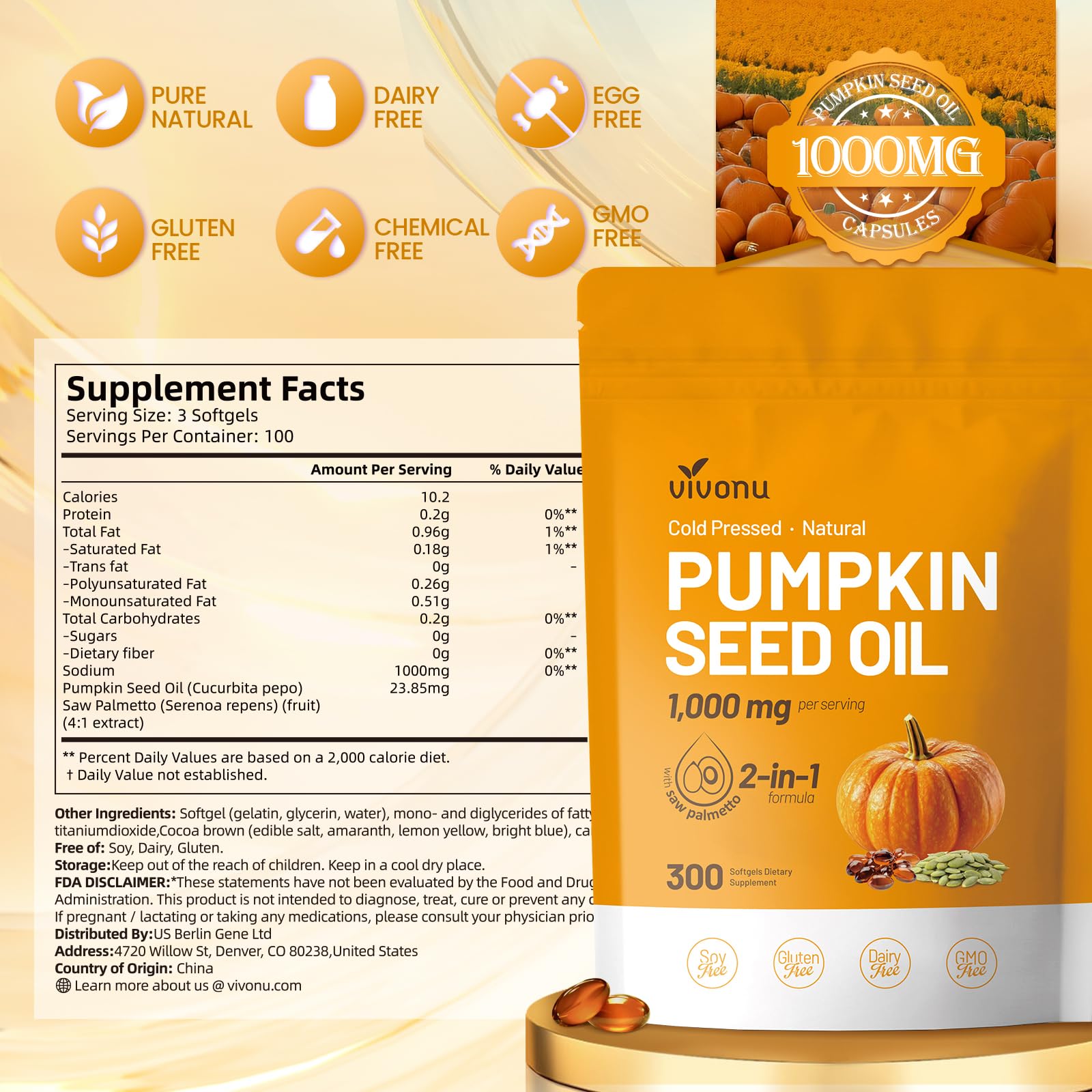 VivoNu Pumpkin Seed Oil with Saw Palmetto Capsules | Cold Pressed, Pure Virgin Oil, Essential Fatty Acids & Phytosterols | 300 SoftgelsSupports Hair, Urinary - PrimeBioHealth - canada supplements