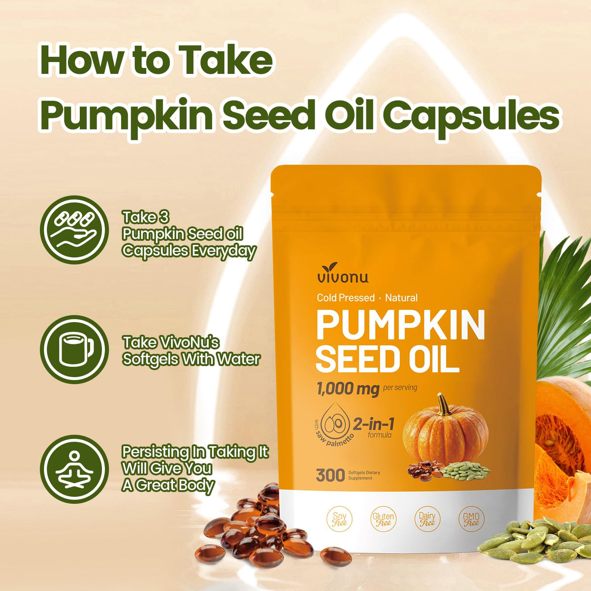 VivoNu Pumpkin Seed Oil with Saw Palmetto Capsules | Cold Pressed, Pure Virgin Oil, Essential Fatty Acids & Phytosterols | 300 SoftgelsSupports Hair, Urinary - PrimeBioHealth - canada supplements