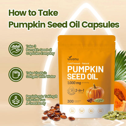 VivoNu Pumpkin Seed Oil with Saw Palmetto Capsules | Cold Pressed, Pure Virgin Oil, Essential Fatty Acids & Phytosterols | 300 SoftgelsSupports Hair, Urinary - PrimeBioHealth - canada supplements