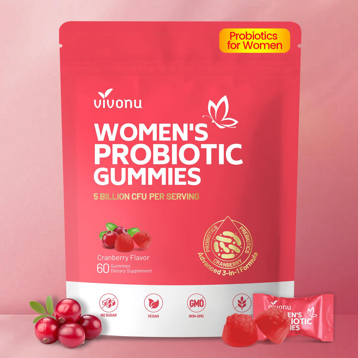 VivoNu Viginal Probiotics for Women, Women Probiotic Gummies, Feminine Balance Gummies, Prebiotic Gummy, Cranberry Probiotics for Woman Vaginigal Health, Yeast Ph Balance| 60 Gummies - PrimeBioHealth - canada supplements