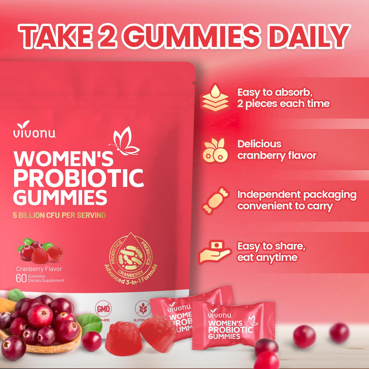 VivoNu Viginal Probiotics for Women, Women Probiotic Gummies, Feminine Balance Gummies, Prebiotic Gummy, Cranberry Probiotics for Woman Vaginigal Health, Yeast Ph Balance| 60 Gummies - PrimeBioHealth - canada supplements