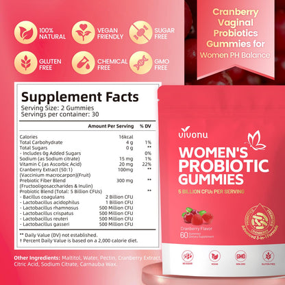 VivoNu Viginal Probiotics for Women, Women Probiotic Gummies, Feminine Balance Gummies, Prebiotic Gummy, Cranberry Probiotics for Woman Vaginigal Health, Yeast Ph Balance| 60 Gummies - PrimeBioHealth - canada supplements