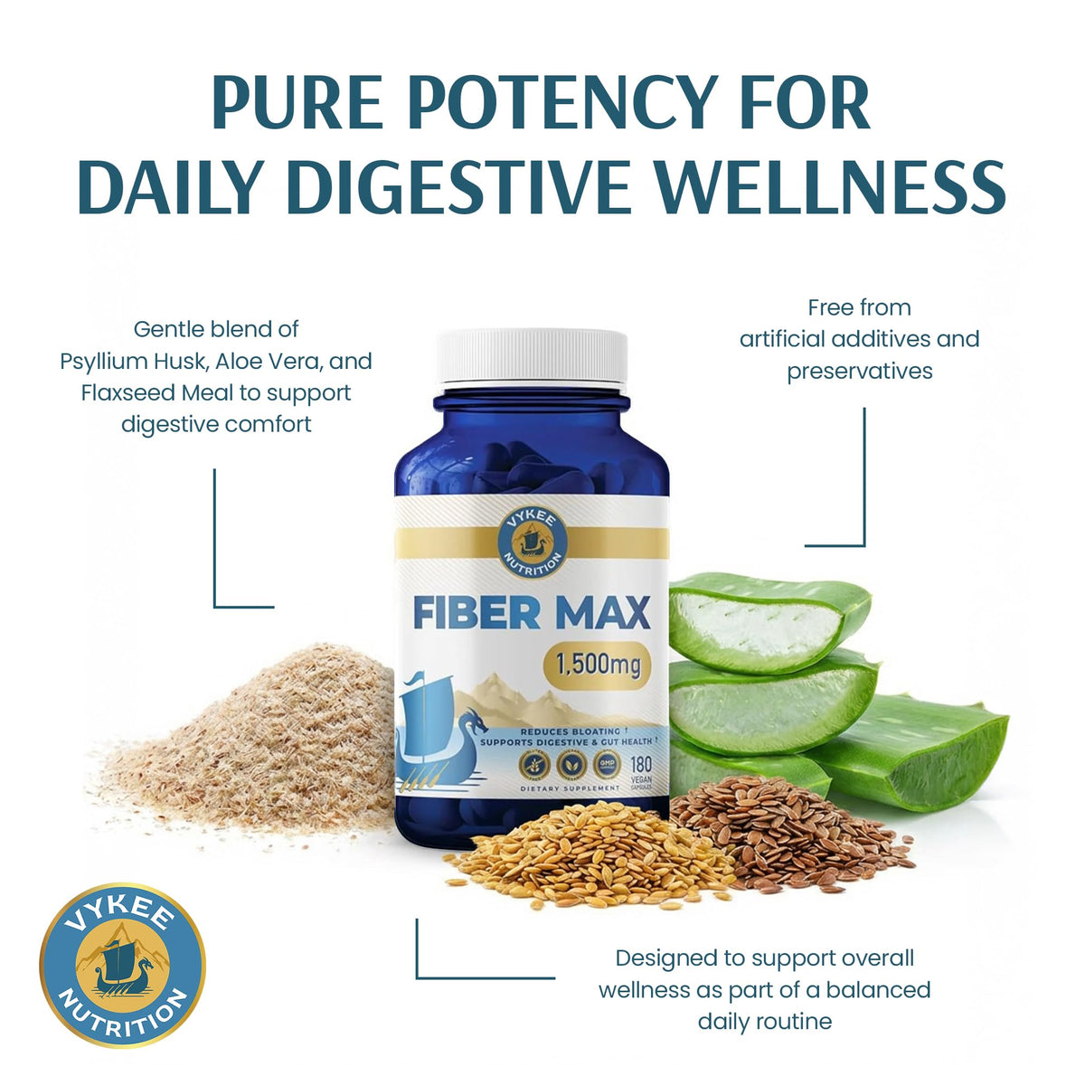 Vykee Nutrition Advanced Fiber Complex – Psyllium Husk, Aloe Vera, Chia & Flax Seed | Vegan, Non-GMO | Supports Digestive Health, Regularity & Gut Wellness | 180 Capsules - PrimeBioHealth - canada supplements