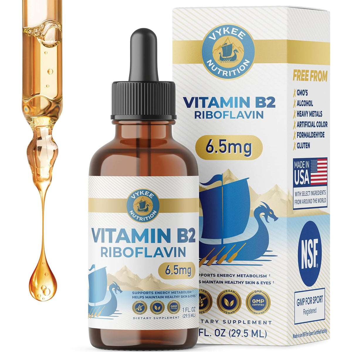Vykee Nutrition Vitamin B2 Riboflavin Drops - Liquid B2 Supplement for Energy Metabolism, Cellular Function and Vision Support - Vegan, Non-GMO, Gluten-Free - PrimeBioHealth - canada supplements