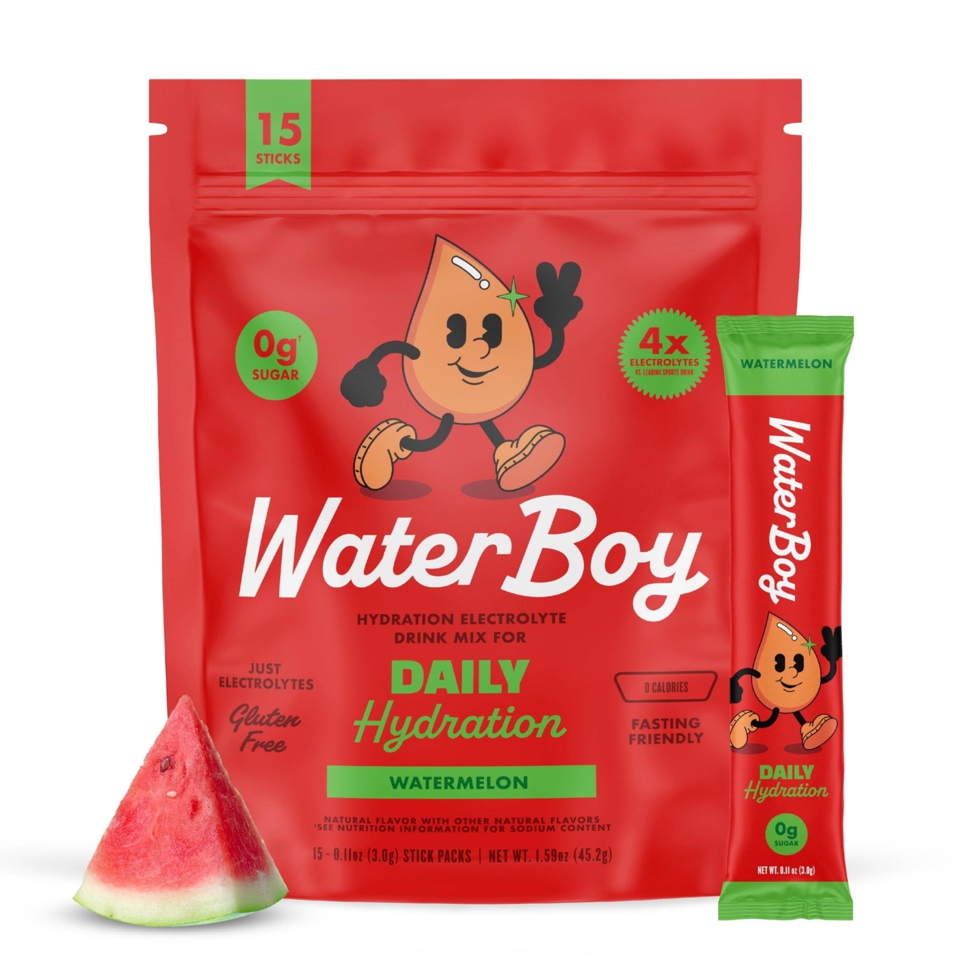 Waterboy Daily Hydration | 1,570mg Electrolyte Powder Packets | No Sugar, All Natural, Gluten Free, Zero Calories | 15 Drink Stick Mixes (Watermelon) - PrimeBioHealth - canada supplements