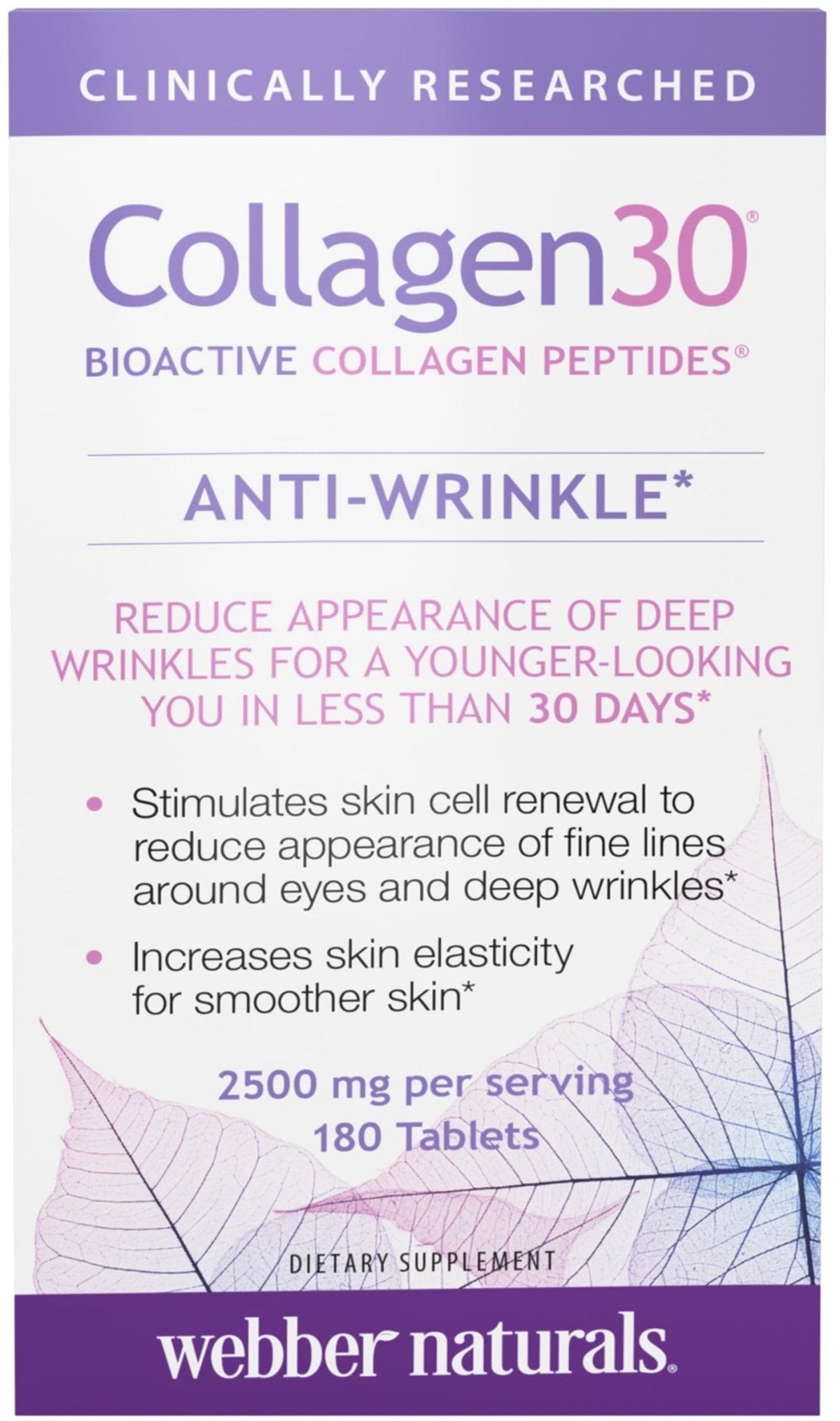 Webber Naturals Collagen 30 Anti-Wrinkle, 2,500mg of Bioactive Collagen Peptides Per Serving (3 Tablets), 180 Tablets, Helps Reduce Deep Wrinkles - PrimeBioHealth - canada supplements