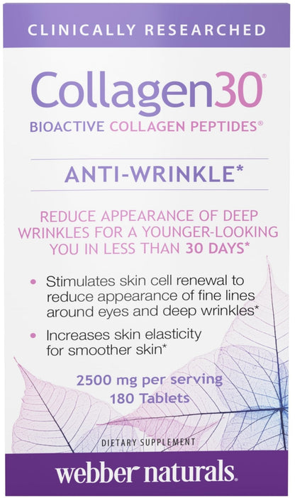 Webber Naturals Collagen 30 Anti-Wrinkle, 2,500mg of Bioactive Collagen Peptides Per Serving (3 Tablets), 180 Tablets, Helps Reduce Deep Wrinkles - PrimeBioHealth - canada supplements