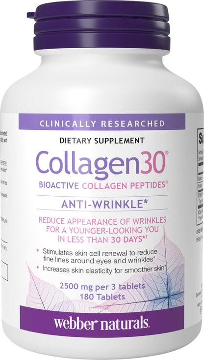 Webber Naturals Collagen 30 Anti-Wrinkle, 2,500mg of Bioactive Collagen Peptides Per Serving (3 Tablets), 180 Tablets, Helps Reduce Deep Wrinkles - PrimeBioHealth - canada supplements
