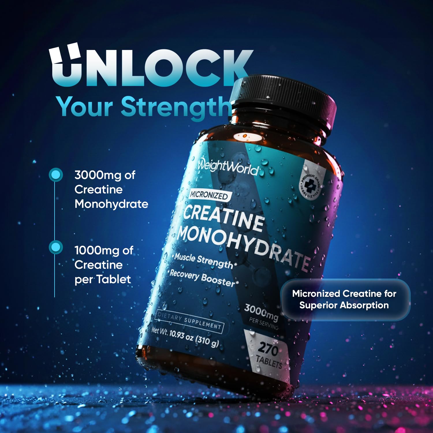 WeightWorld Micronized Creatine Monohydrate 3000mg Tablets - Muscle Growth, Strength, Energy & Recovery | Pre Workout Creatine for Women & Men | 1000mg per Tab - PrimeBioHealth - canada supplements