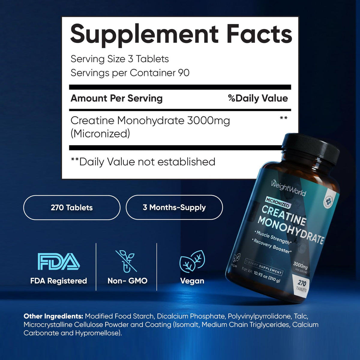 WeightWorld Micronized Creatine Monohydrate 3000mg Tablets - Muscle Growth, Strength, Energy & Recovery | Pre Workout Creatine for Women & Men | 1000mg per Tab - PrimeBioHealth - canada supplements