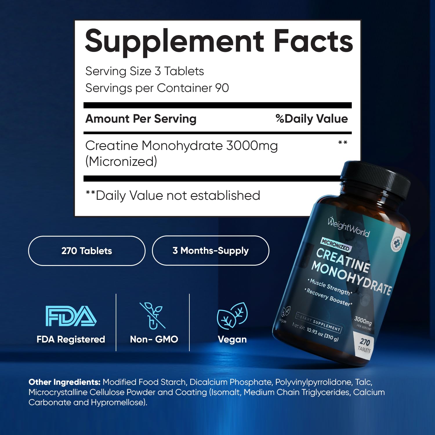 WeightWorld Micronized Creatine Monohydrate 3000mg Tablets - Muscle Growth, Strength, Energy & Recovery | Pre Workout Creatine for Women & Men | 1000mg per Tab - PrimeBioHealth - canada supplements